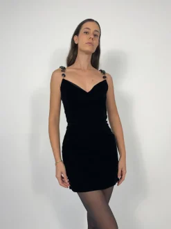 Abito corto in velluto con spalline gioiello