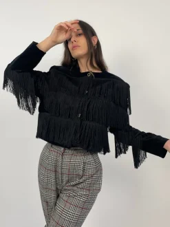 Giacca cropped con frange in velluto