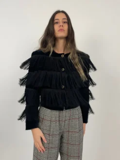 Giacca cropped con frange in velluto