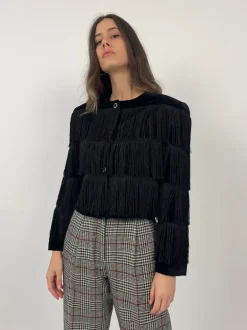 Giacca cropped con frange in velluto